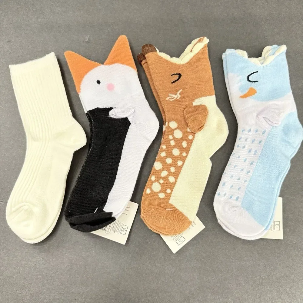 3 pair Kids socks Cartoon Face Knit with ears and 1 ribbed sock pair Size 7-8.5